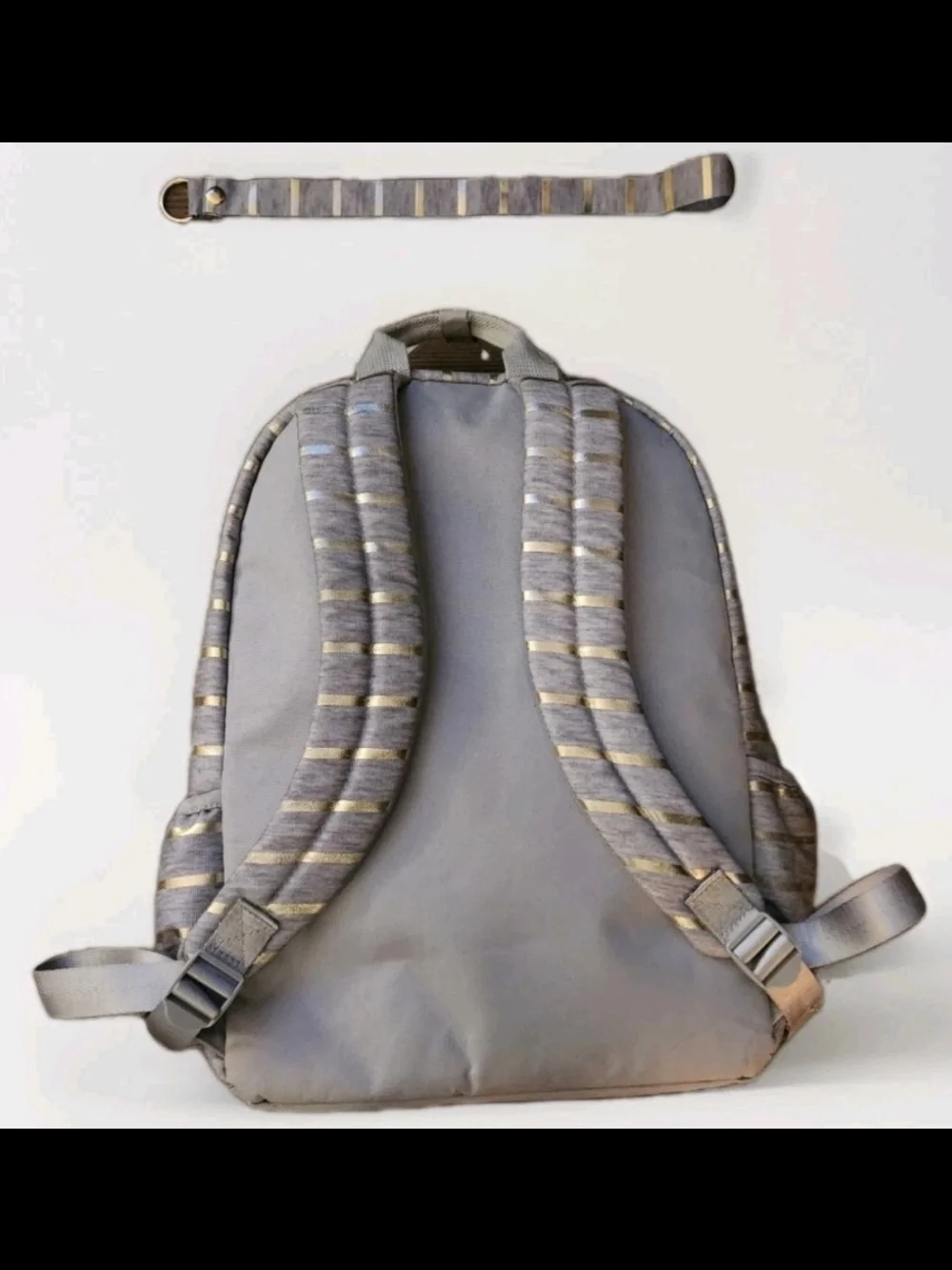 JUSTICE BACKPACK/BOOKBAG AND LANYARD GRAY SHIMMERING GOLD STRIPES/DOTS